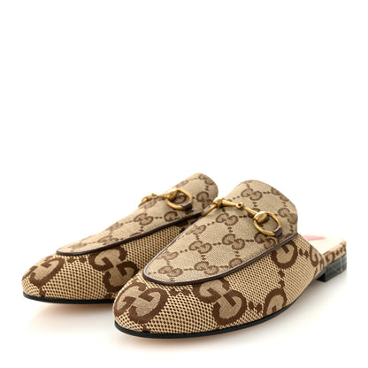Gucci Monogram Jumbo GG Malaga Kid Womens Princetown Slippers 35 Camel Ebony New Acero Beige 4 of 11
