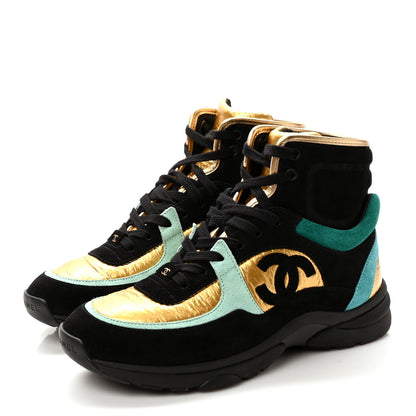 Chanel Suede Calfskin Fabric CC High Top Sneakers 38.5 Black Turquoise Gold 3 of 7