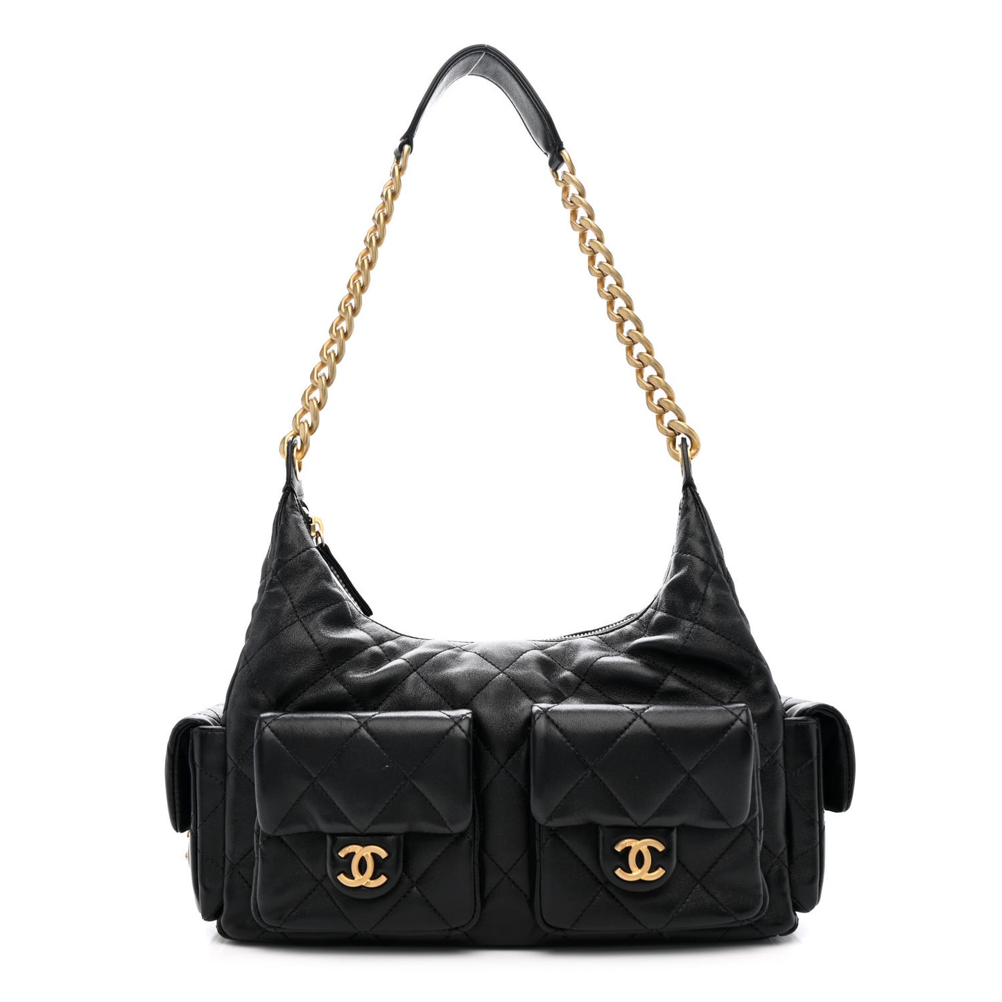 Shiny Lambskin Quilted Trendy Pockets Hobo Black