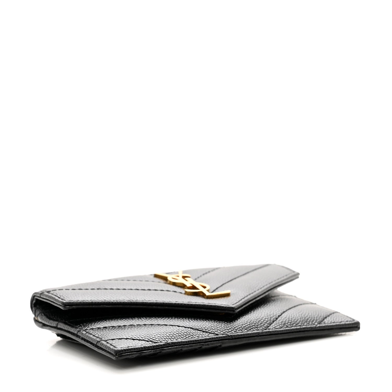 Saint Laurent Grain De Poudre Matelasse Chevron Monogram Compact Wallet Black 5 of 7