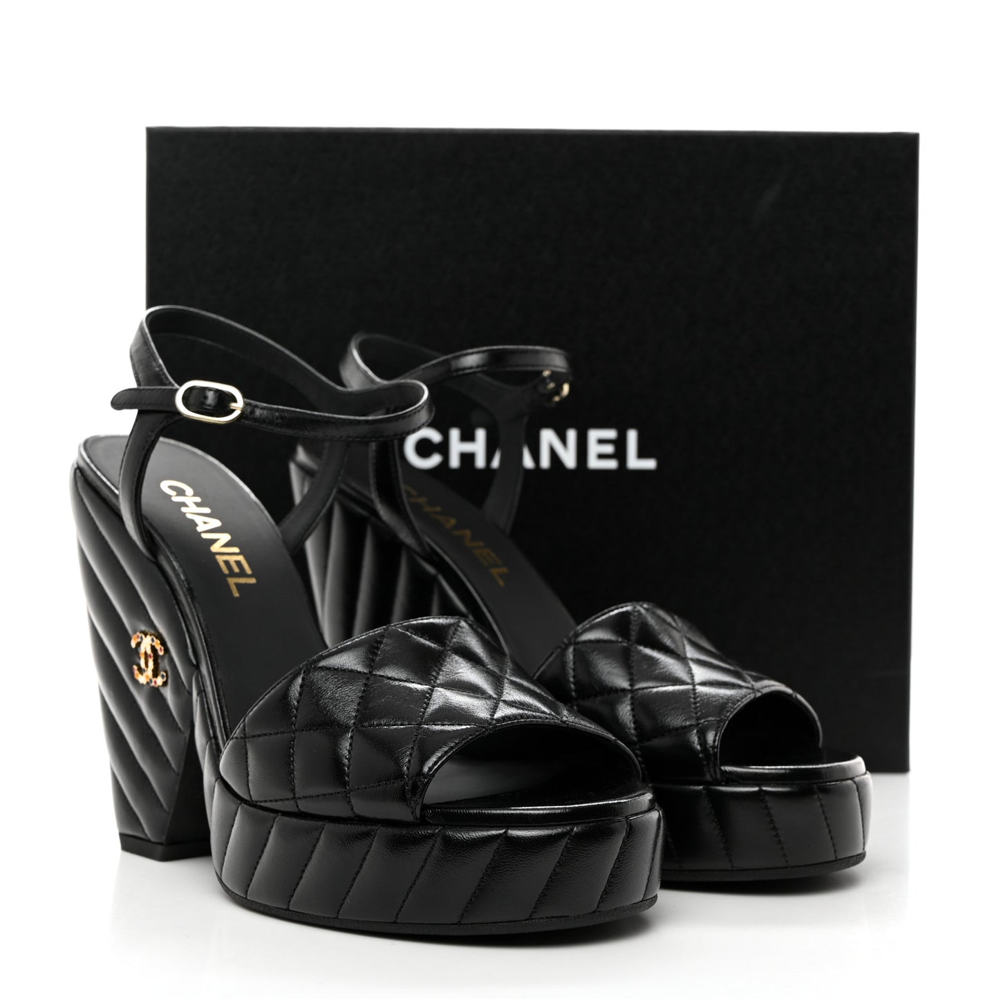 Shiny Lambskin Quilted Platform Sandals 39.5 Black