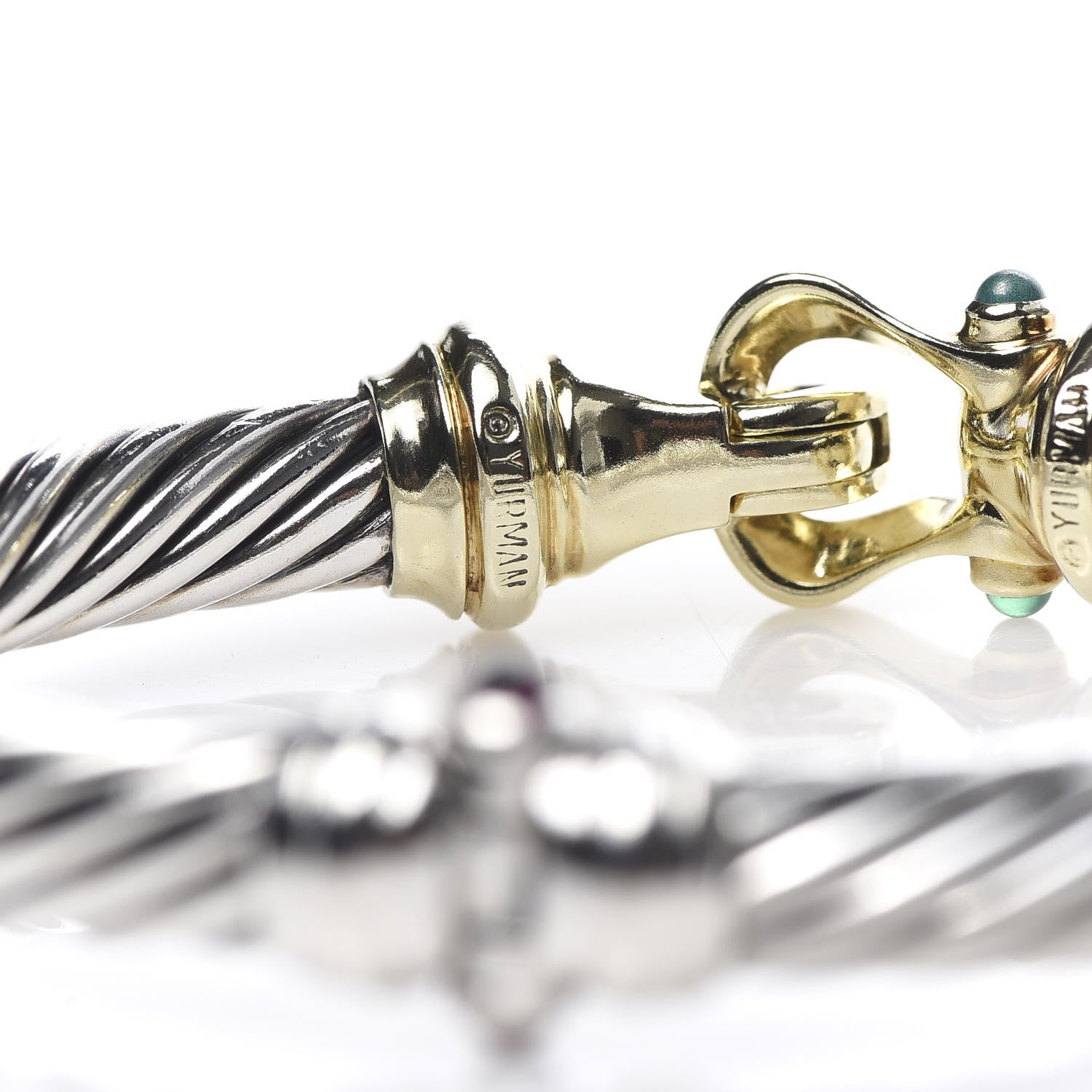David Yurman Sterling Silver 14K Yellow Gold Green Onyx Garnet 7mm Cable Buckle Bracelet 4 of 5
