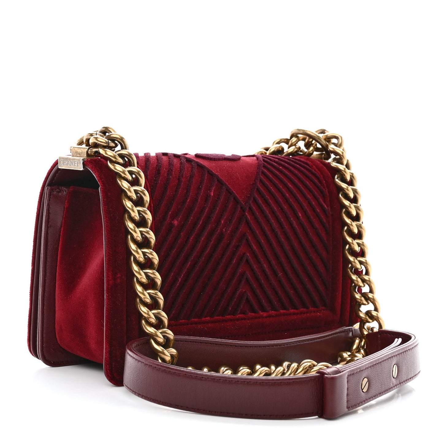 Velvet Chevron Quilted Small Boy Flap Burgundy