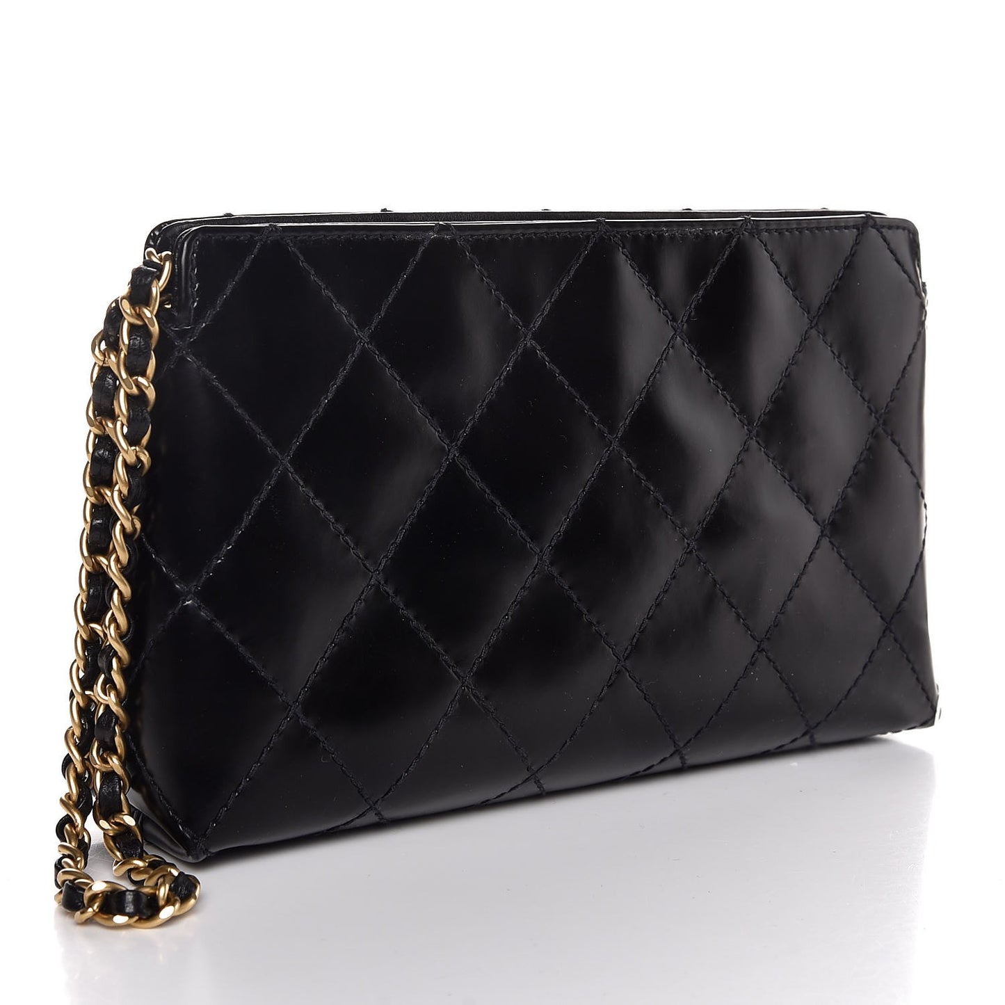 Glazed Calfskin Quilted CC Wristlet Black