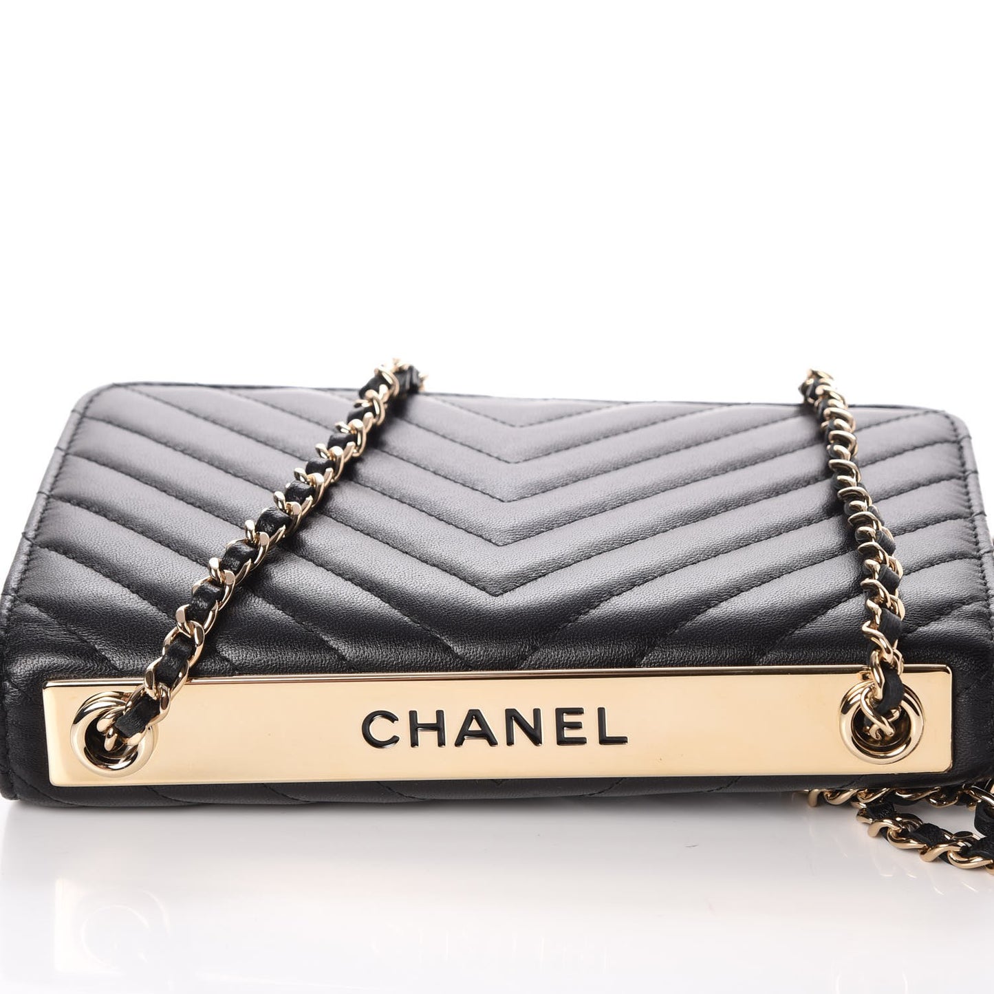 Lambskin Chevron Quilted Trendy CC Wallet On Chain WOC Black