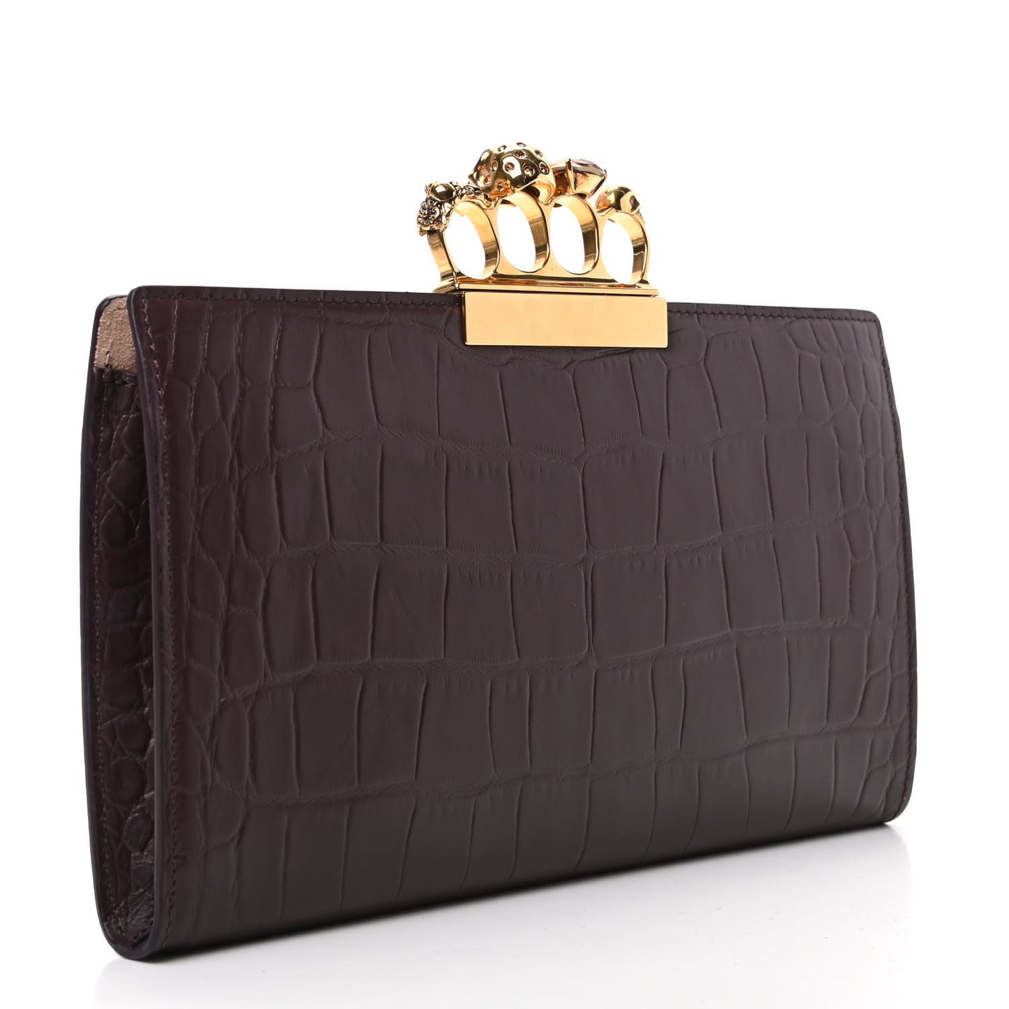 Calfskin Crocodile Embossed Knuckle Flat Clutch Burgundy
