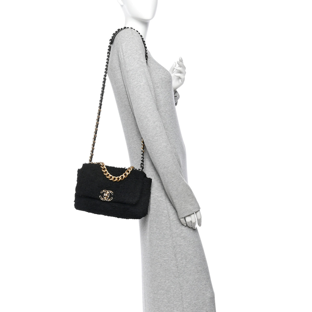Tweed Quilted Medium Chanel 19 Flap Black