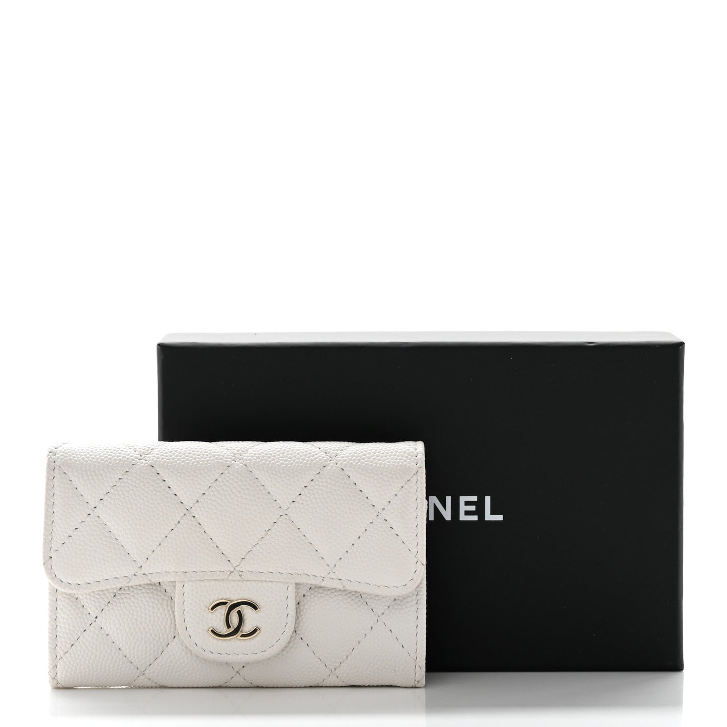 Caviar Quilted Flap Card Holder Wallet White