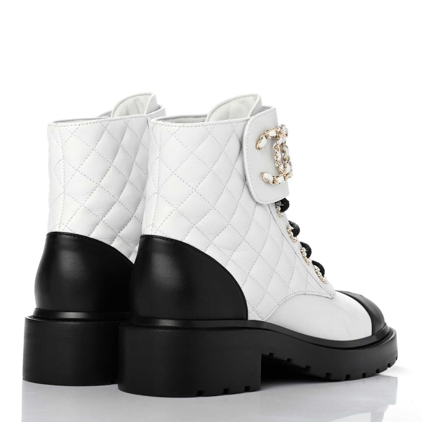 Shiny Lambskin Quilted Lace Up Combat Boots 37.5 White Black
