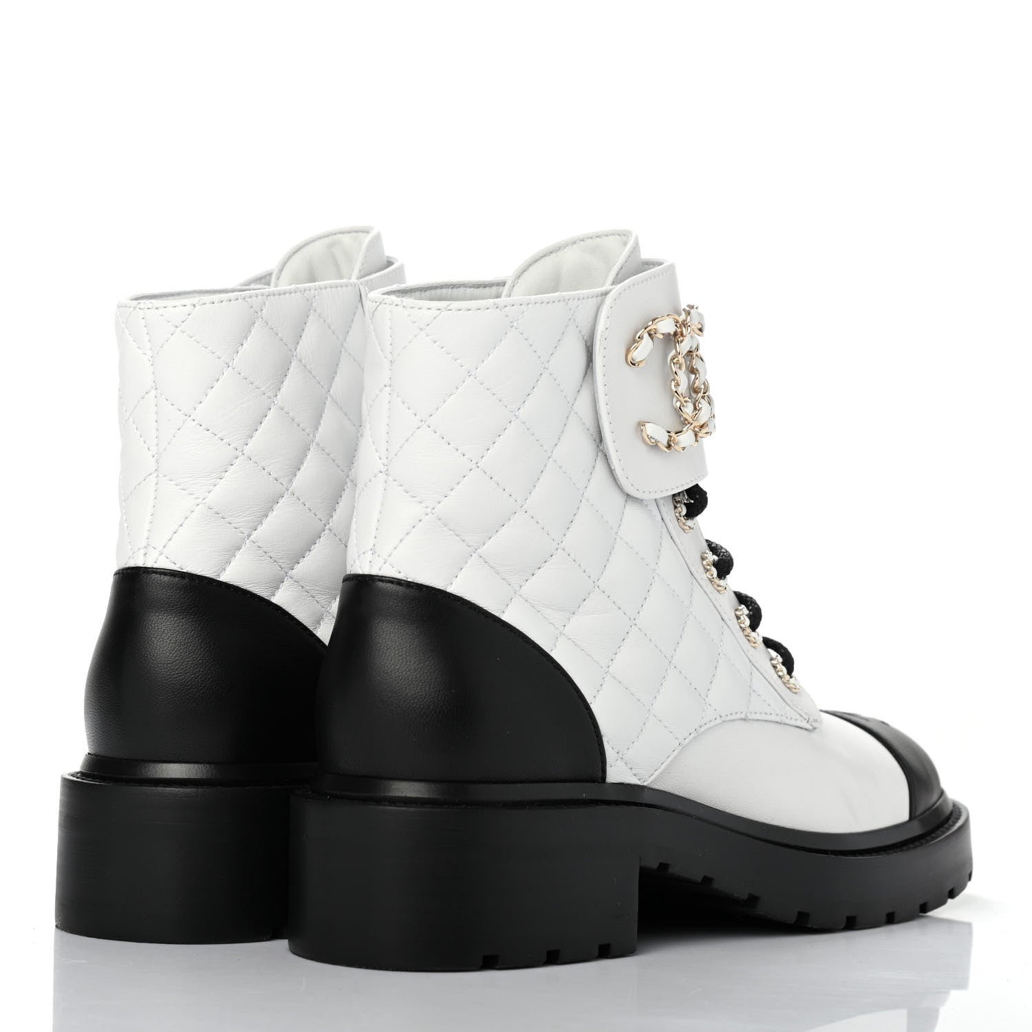Chanel Shiny Lambskin Quilted Lace Up Combat Boots 37.5 White Black 3 of 4