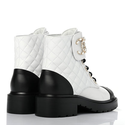 Chanel Shiny Lambskin Quilted Lace Up Combat Boots 37.5 White Black 3 of 4