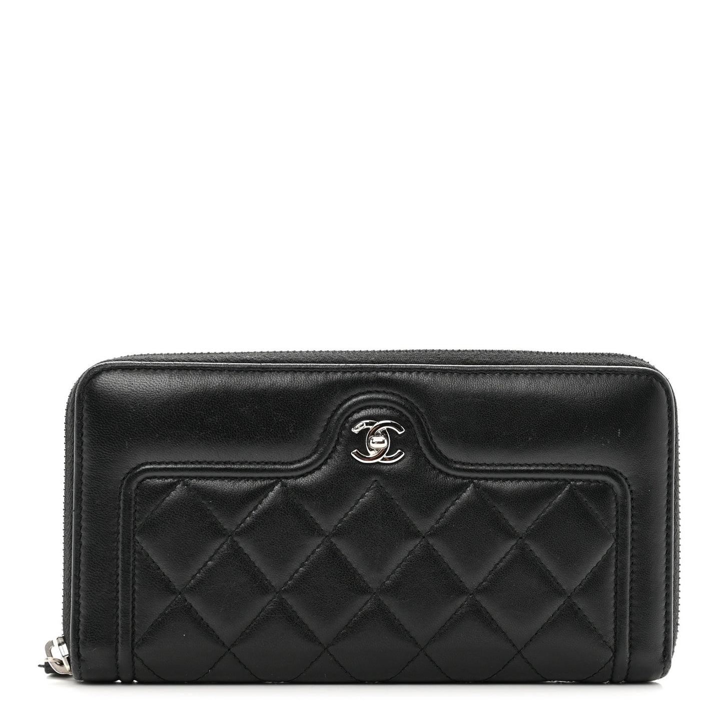 Lambskin Quilted Twist Lock CC Zip Around Wallet Black