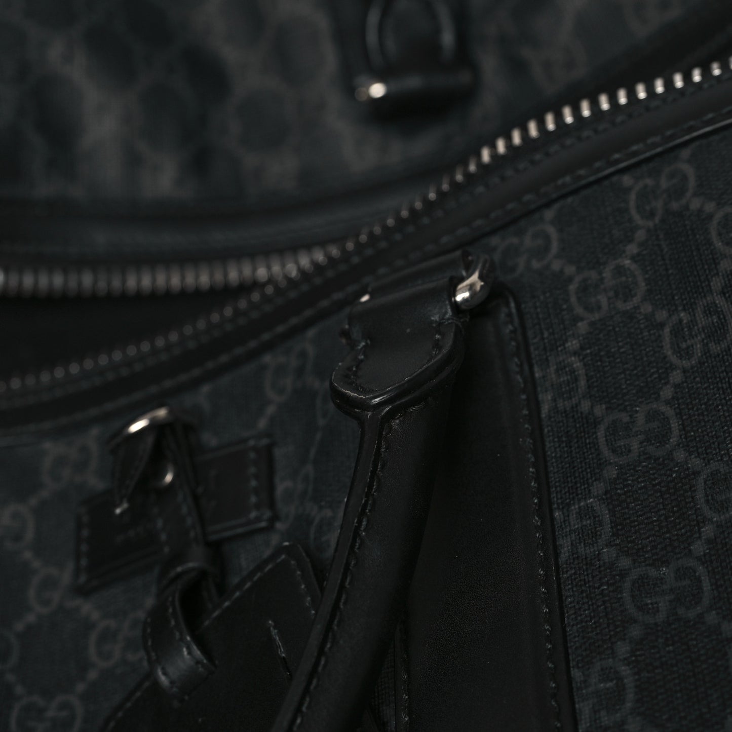 Soft GG Supreme Monogram Appia Calfskin Web Large Carry On Duffle Bag Black Grey