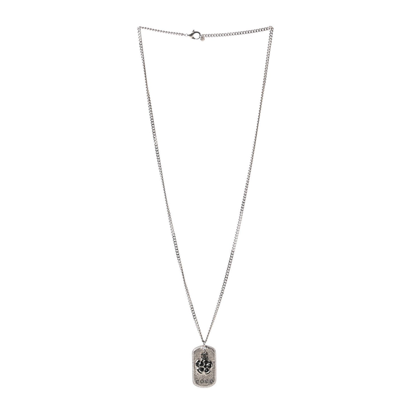 Enamel ID Dog Tag Camellia Charm Necklace Silver