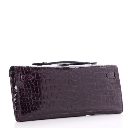 Hermes Shiny Porosus Crocodile Kelly Cut Pochette Aubergine 3 of 23