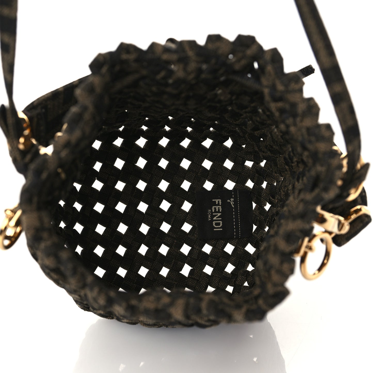 Fabric Jacquard F is Fendi FF 1974 Woven Knotted Mini Mon Tresor Bucket Bag Tabacco Moro