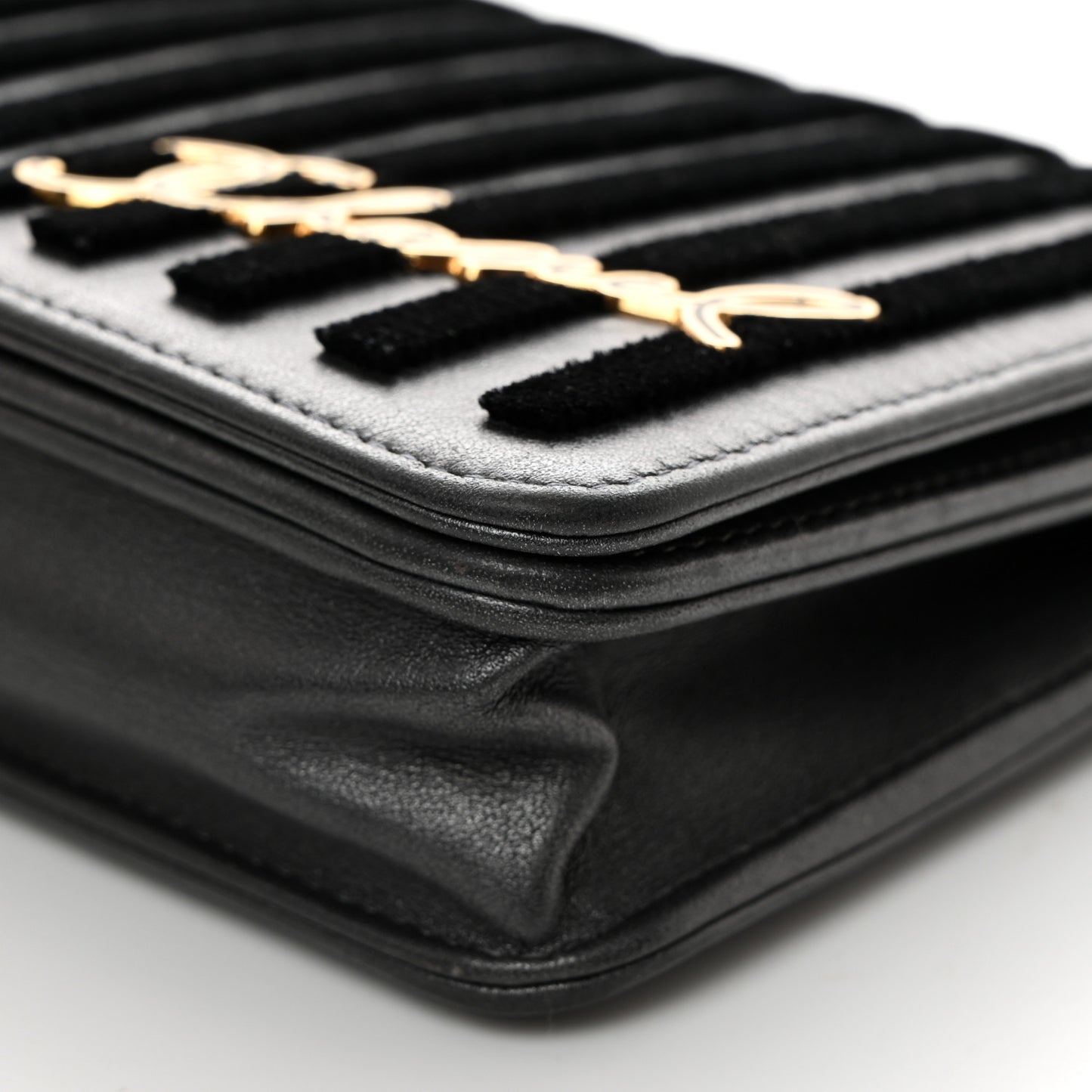 Iridescent Calfskin Velvet Stripe Wallet On Chain WOC Charcoal