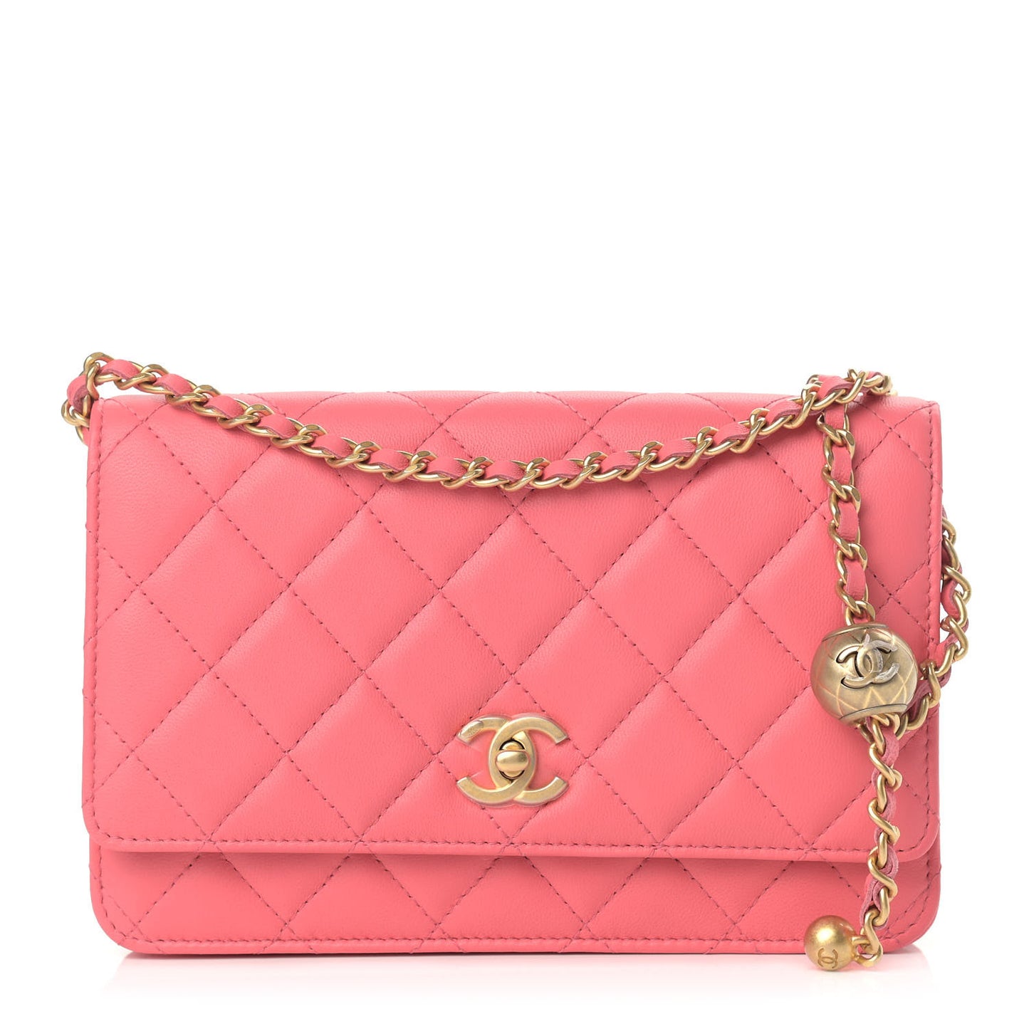Lambskin Quilted CC Pearl Crush Wallet on Chain WOC Pink