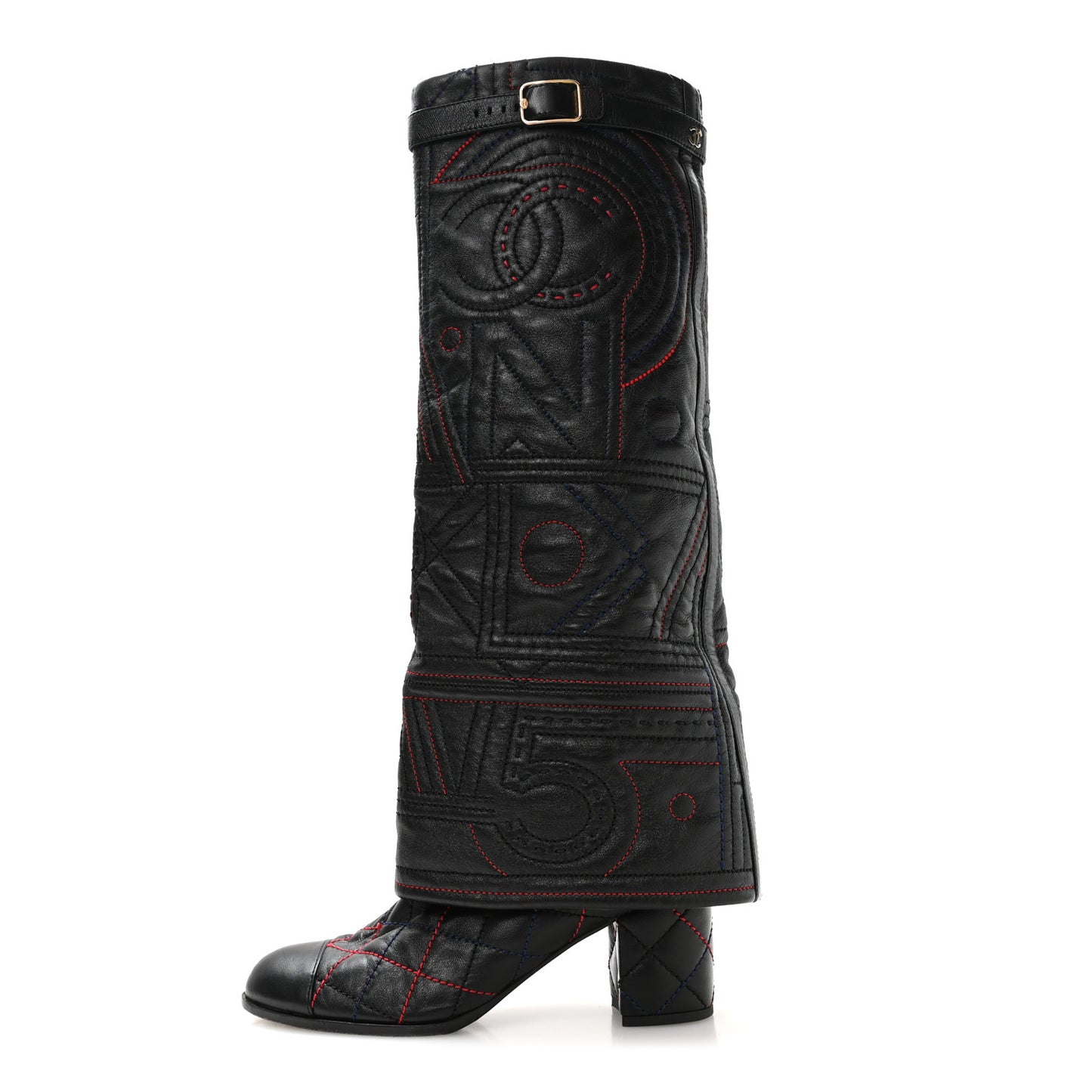 Lambskin Stitched Logo Fold Over High Boots 41 Black