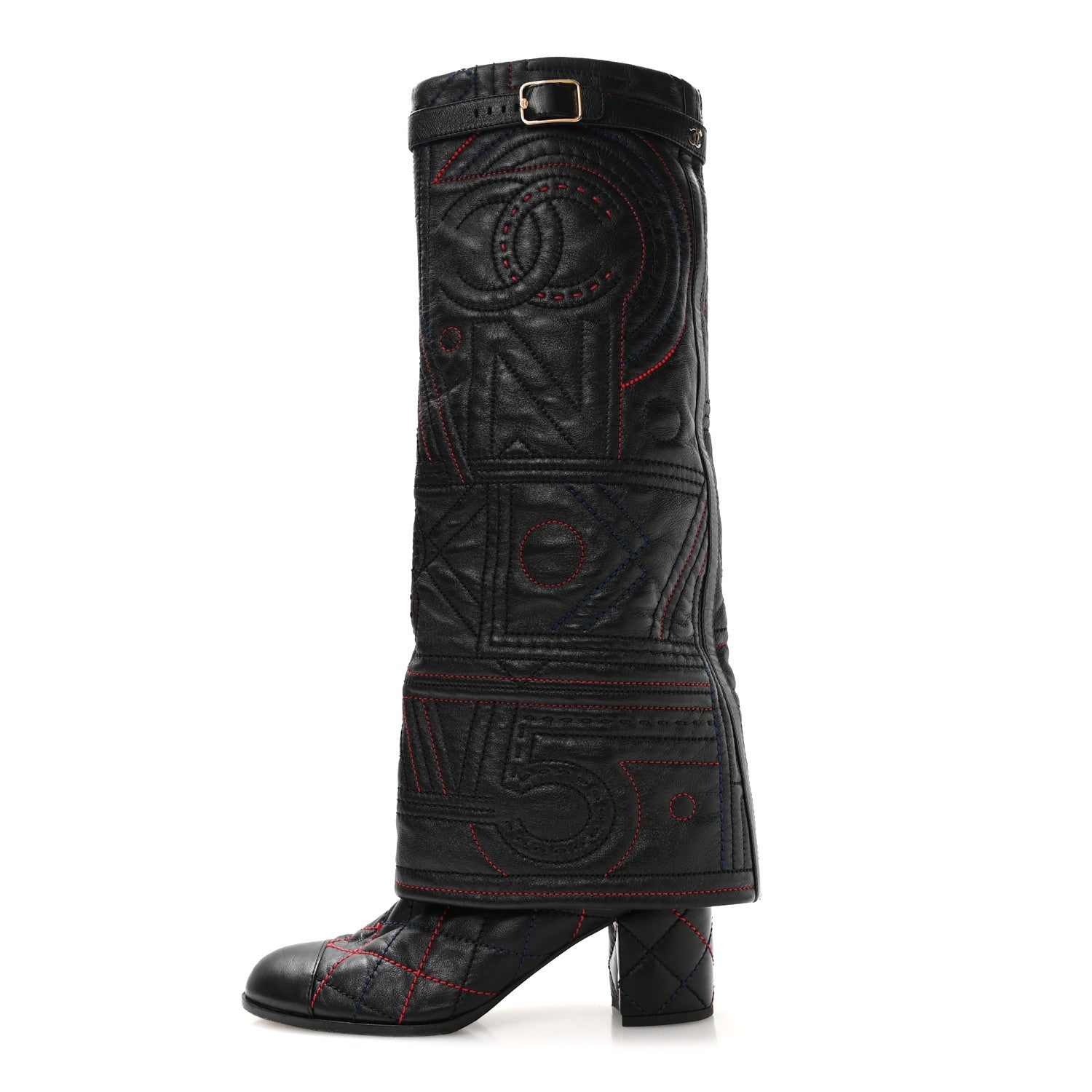 Chanel Lambskin Stitched Logo Fold Over High Boots 41 Black 1 of 7