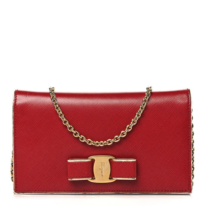 Salvatore Ferragamo Hammered Calfskin Vara Bow Chain Wallet Red 1 of 10