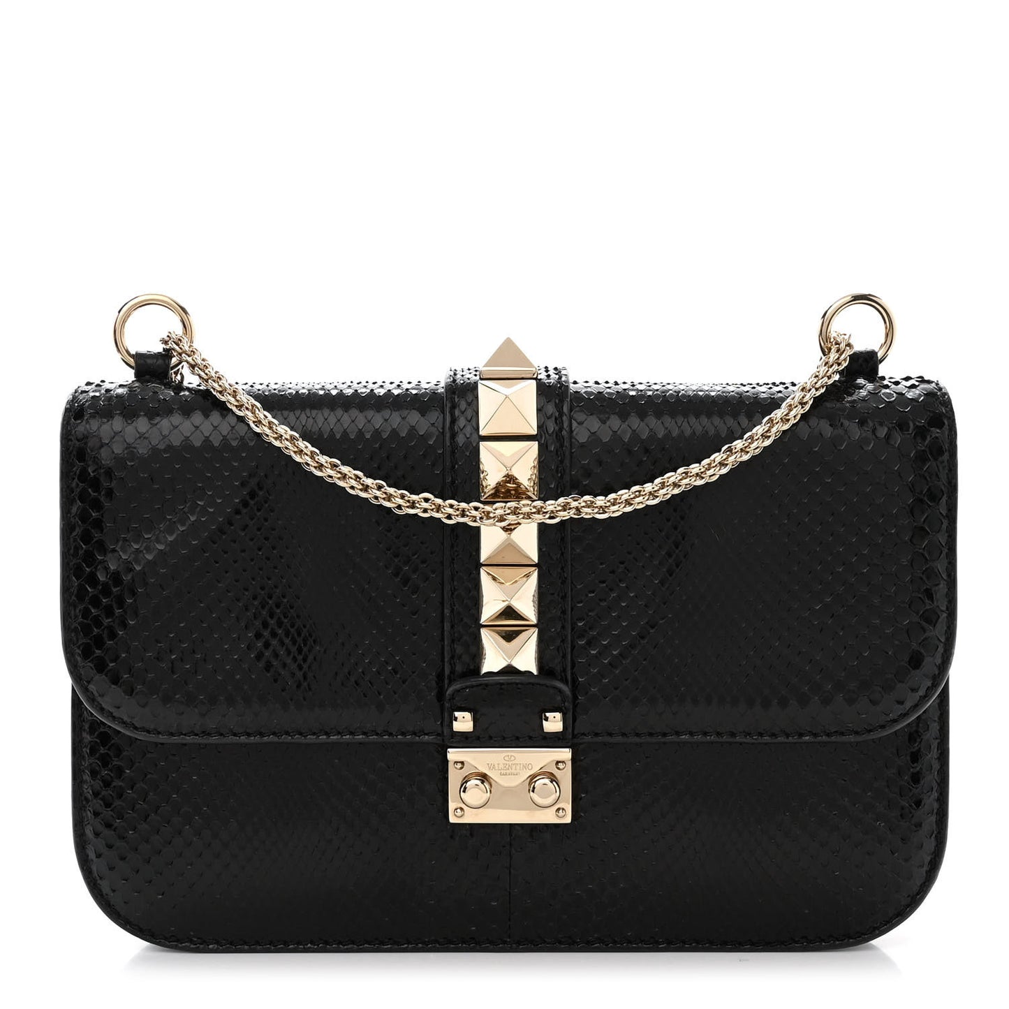 Snakeskin Medium Glam Lock Rockstud Flap Black