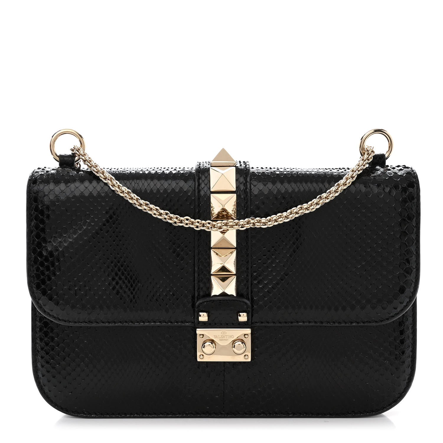 Valentino Garavani Snakeskin Medium Glam Lock Rockstud Flap Black 1 of 10