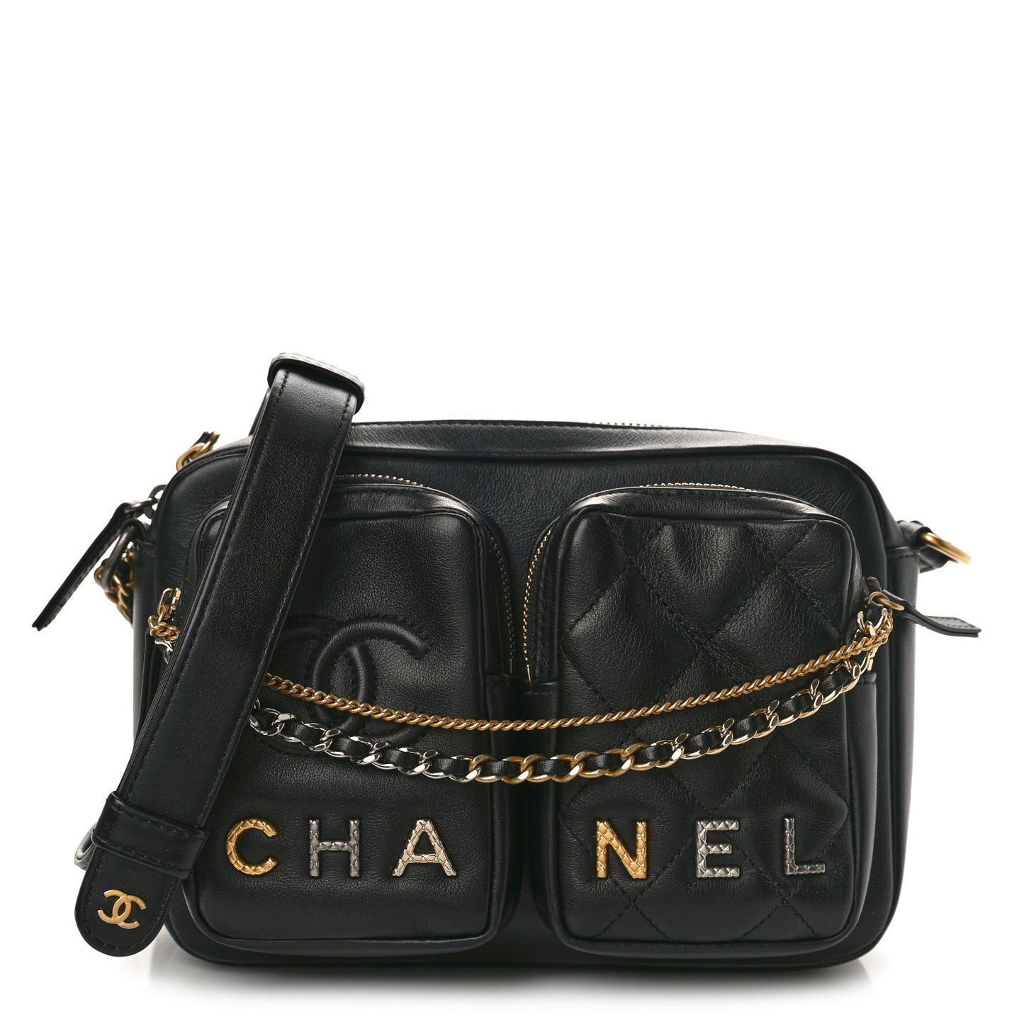 Calfskin Quilted Small Camera Case Black