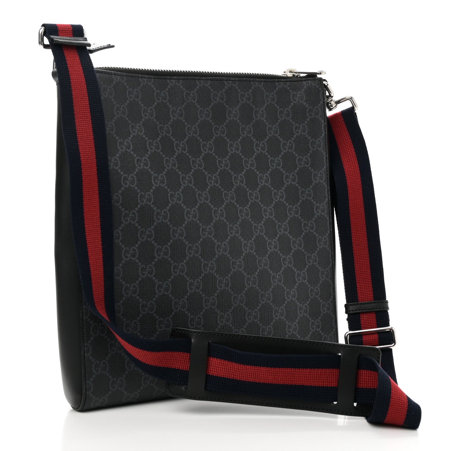 Gucci GG Supreme Monogram Appia Calfskin Web Flat Messenger Bag Black Grey 3 of 10