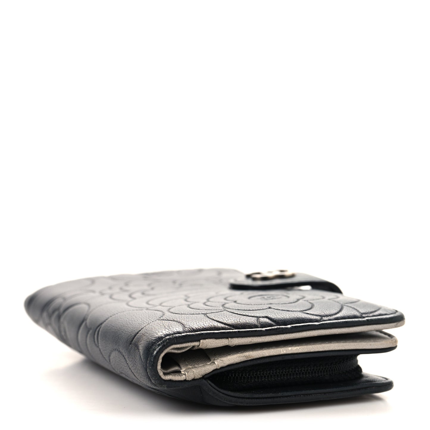 Lambskin Camellia Embossed Zipped Pocket Wallet Black