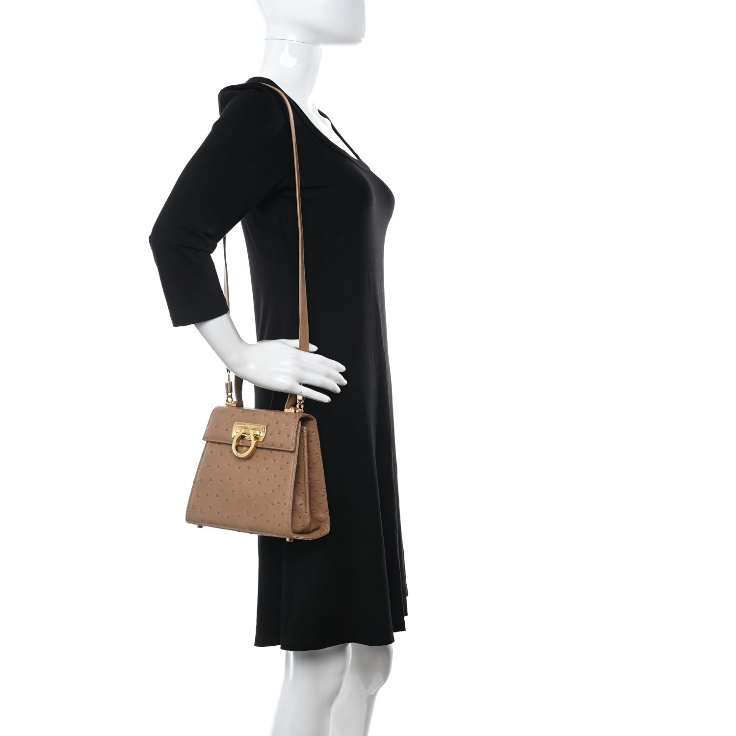 Salvatore Ferragamo Ostrich Iconic Small Top Handle Bag Camel 2 of 10