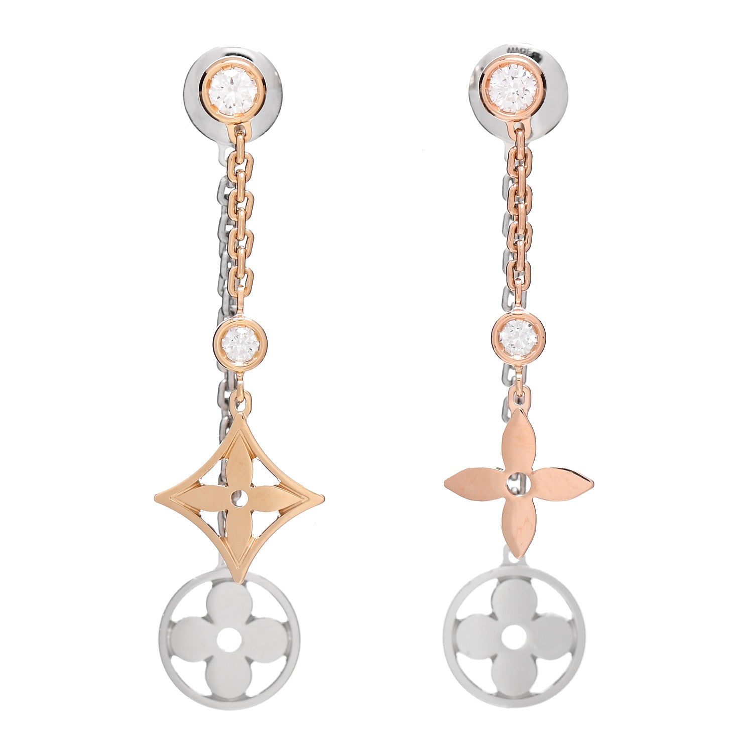 Louis Vuitton 18K Yellow White Pink Gold Diamond Blossom Long Drop Earrings 1 of 5