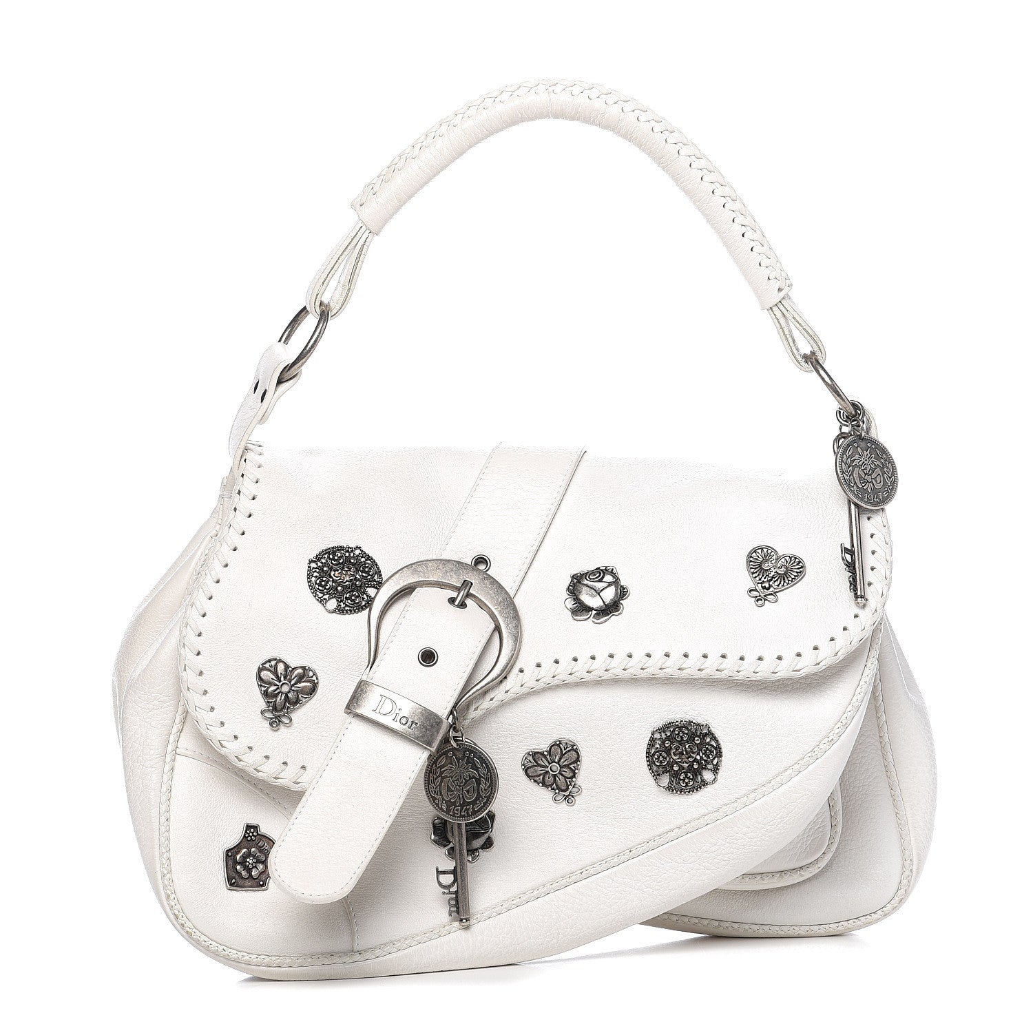 Christian Dior Calfskin Charms Whipstitch Gaucho Double Saddle Bag White 1 of 13