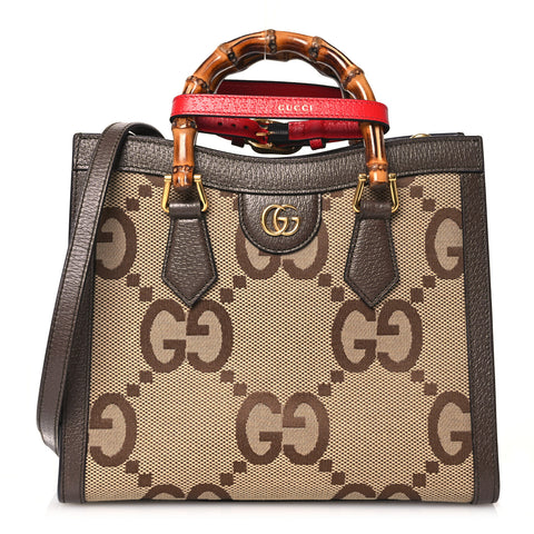 Monogram Jumbo GG Textured Dollar Calfskin Small Diana Tote Bag Camel Ebony New Acero