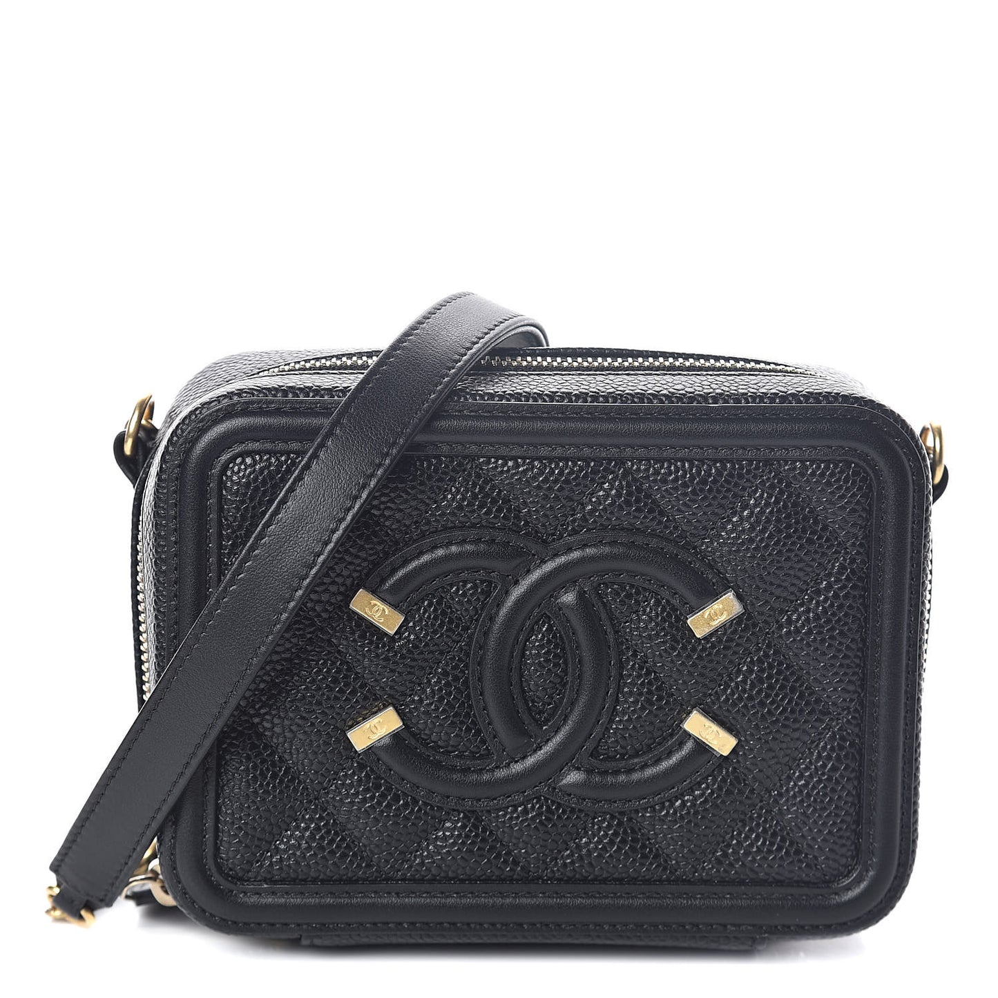 Caviar Quilted CC Filigree Vanity Clutch With Chain Black