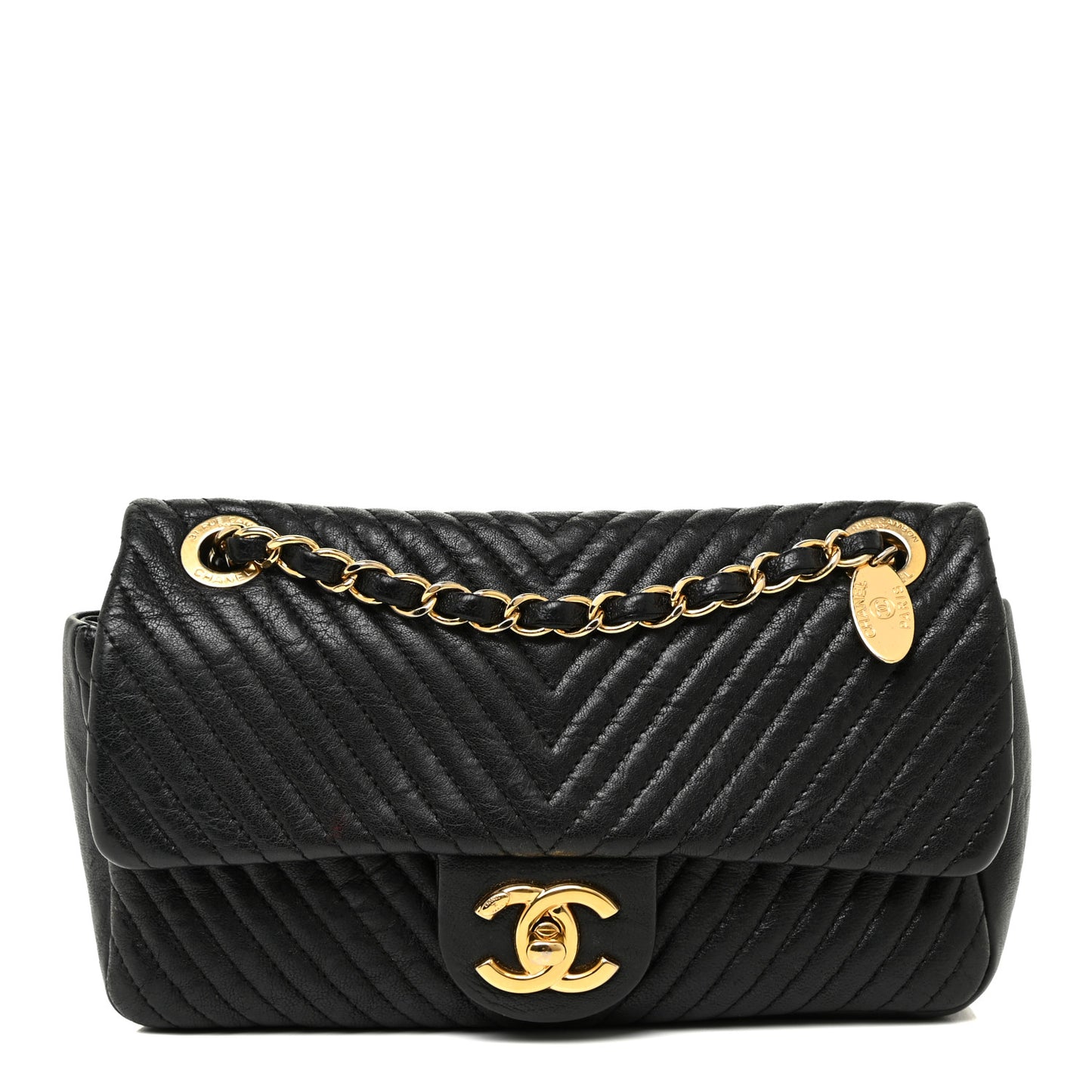 Calfskin Chevron Quilted Small Surpique Flap Black