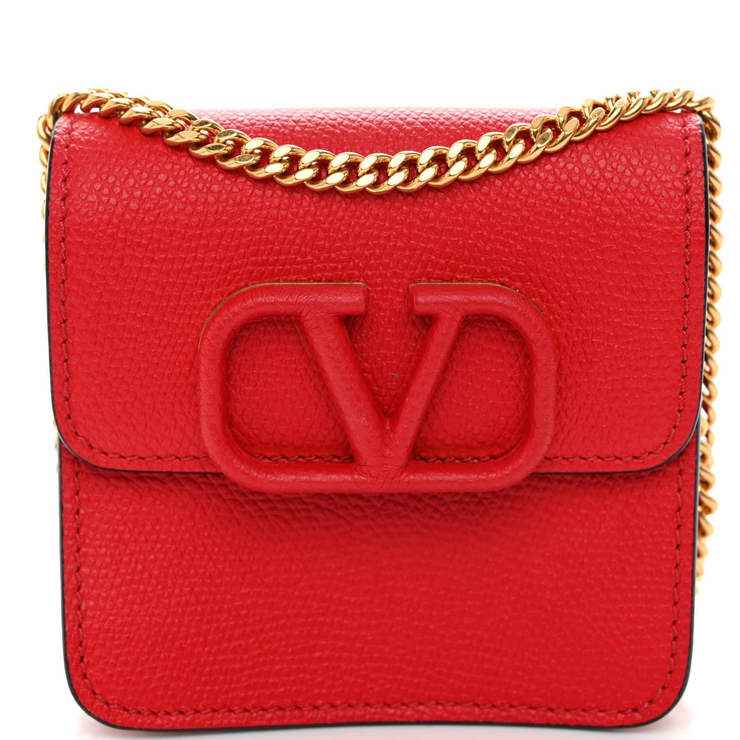 Valentino Garavani Grainy Calfskin VLogo Compact Wallet with Chain Rouge Pur 7 of 9