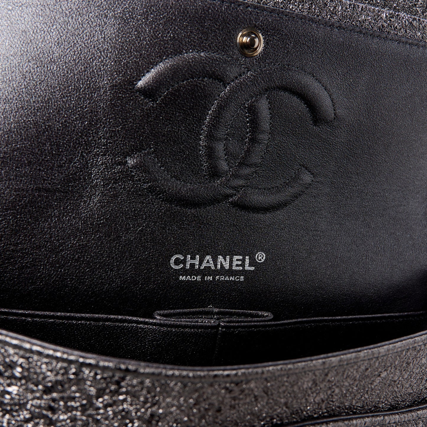 Metallic Crackled Calfskin Medium Double Flap Dark Silver