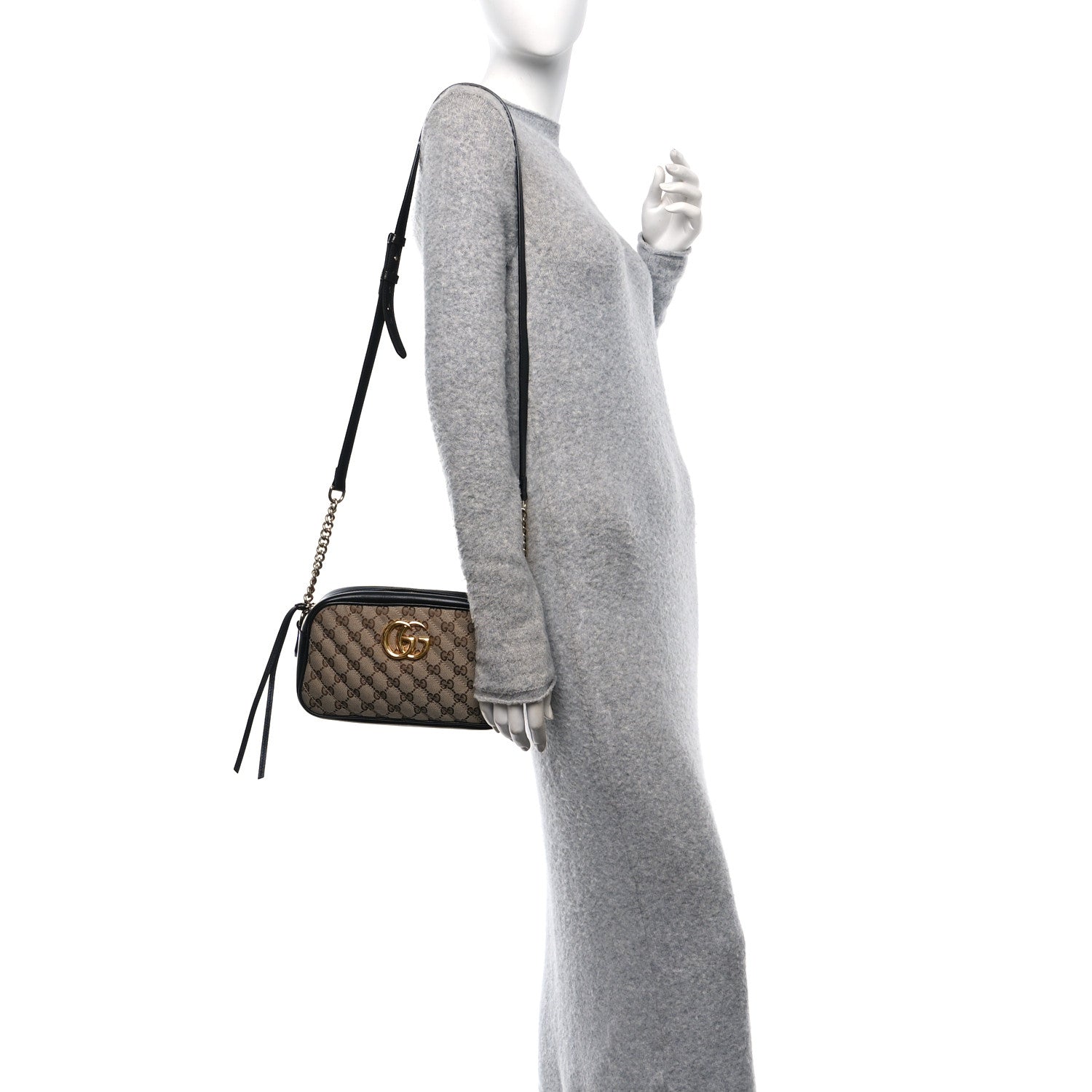 Gucci Monogram Matelasse Diagonal Small GG Marmont Chain Shoulder Bag Beige Black 3 of 21