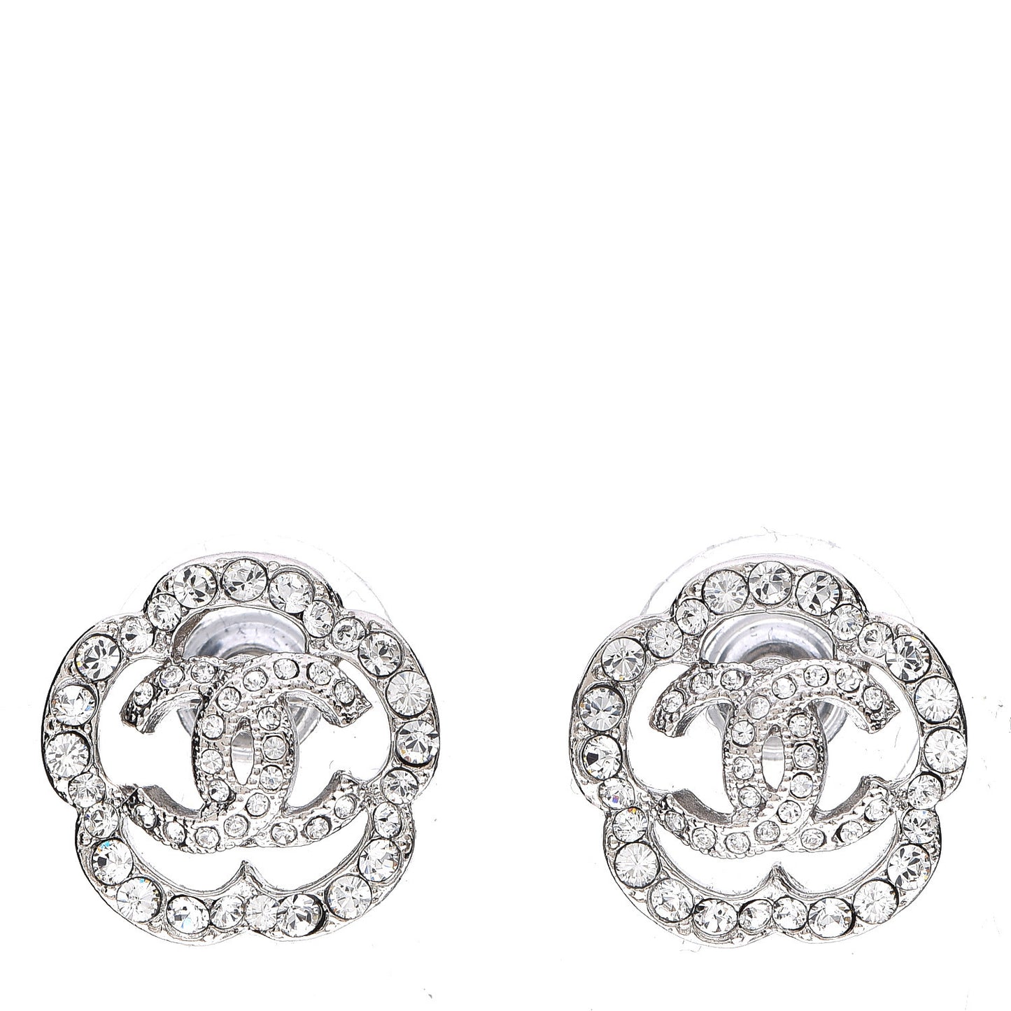 Crystal Coco Flapper Camellia CC Stud Earrings Silver