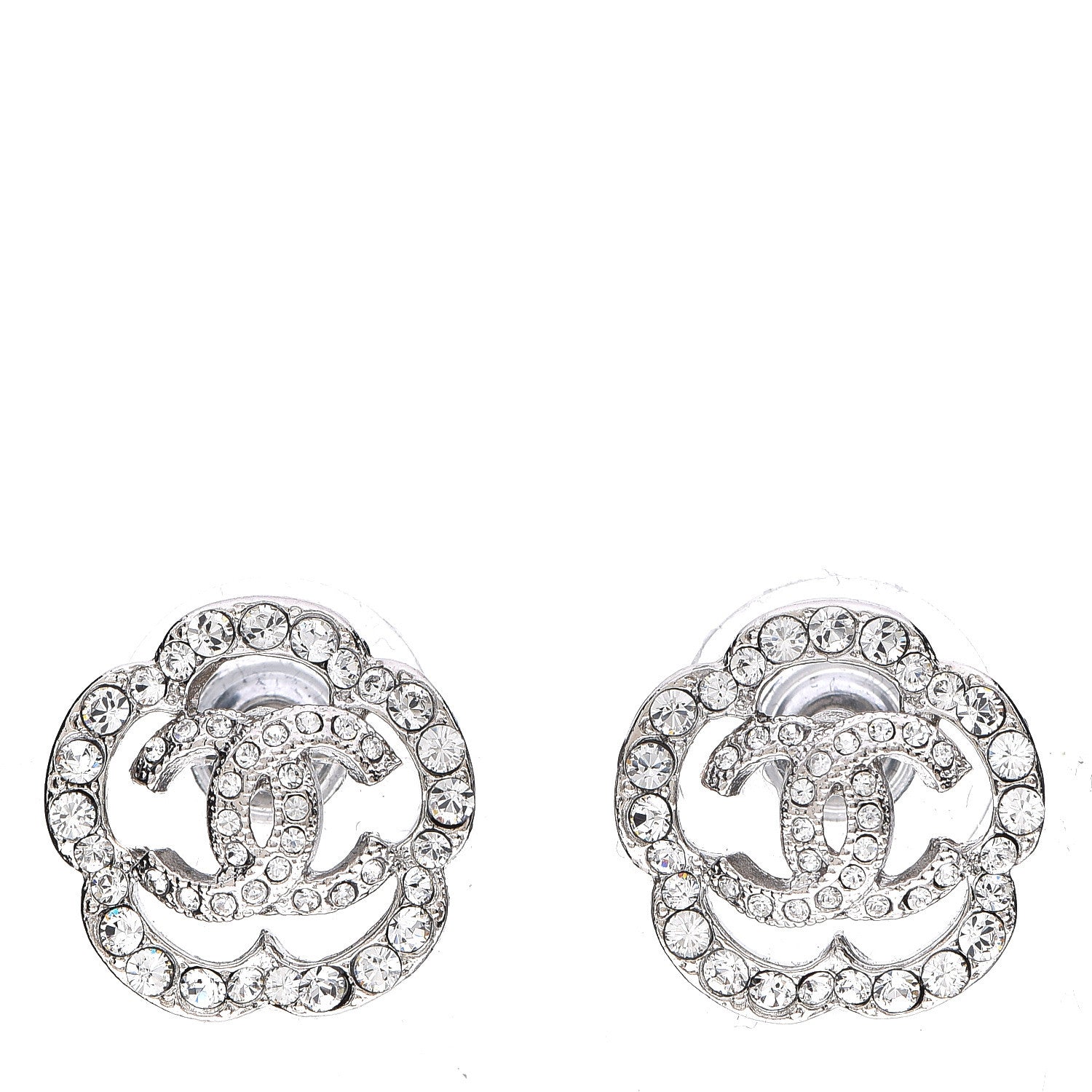 Chanel Crystal Coco Flapper Camellia CC Stud Earrings Silver 1 of 3