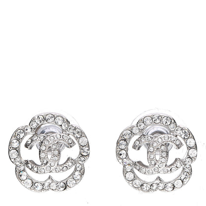 Chanel Crystal Coco Flapper Camellia CC Stud Earrings Silver 1 of 3