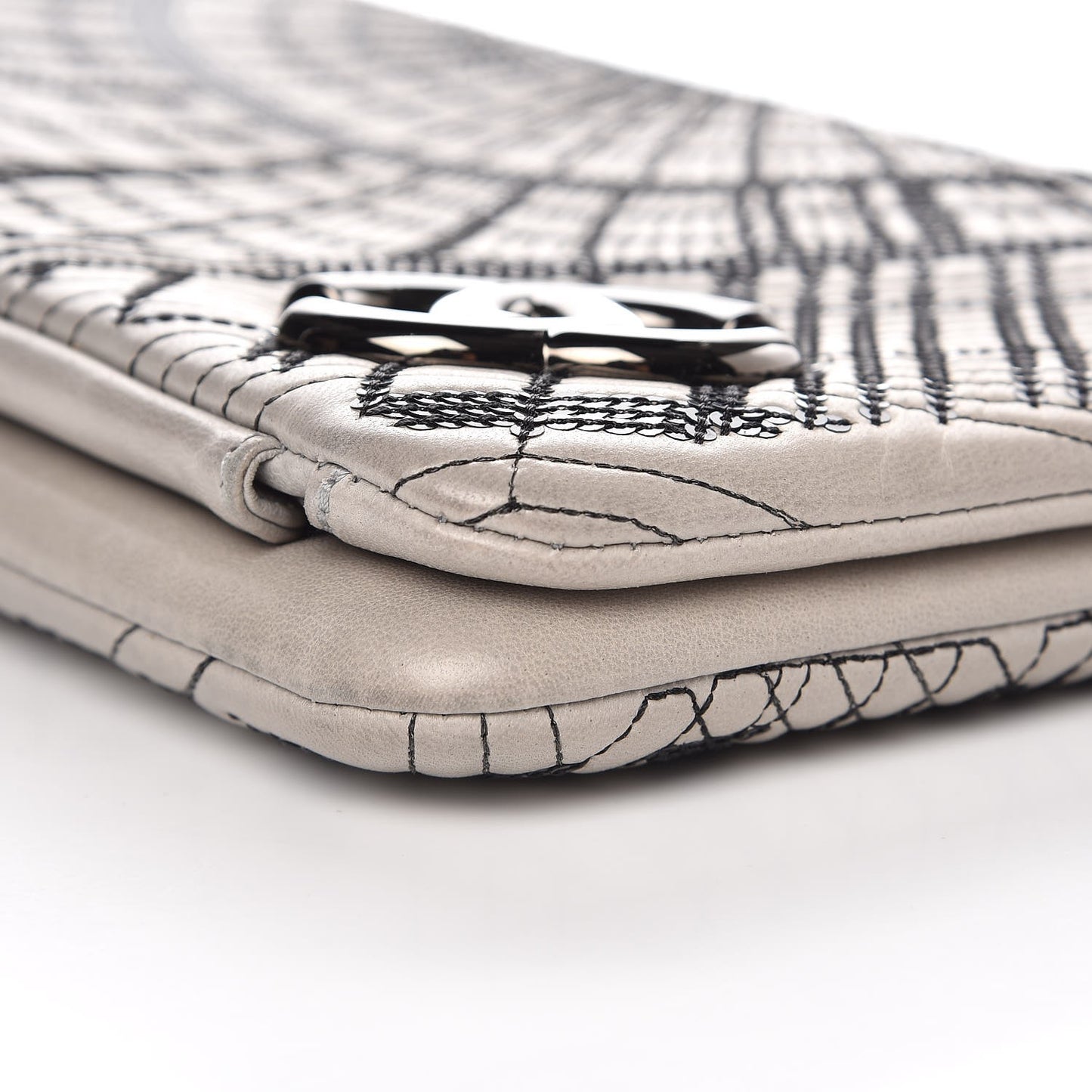 Calfskin Sequin Embellished Clutch Flap Grey Black