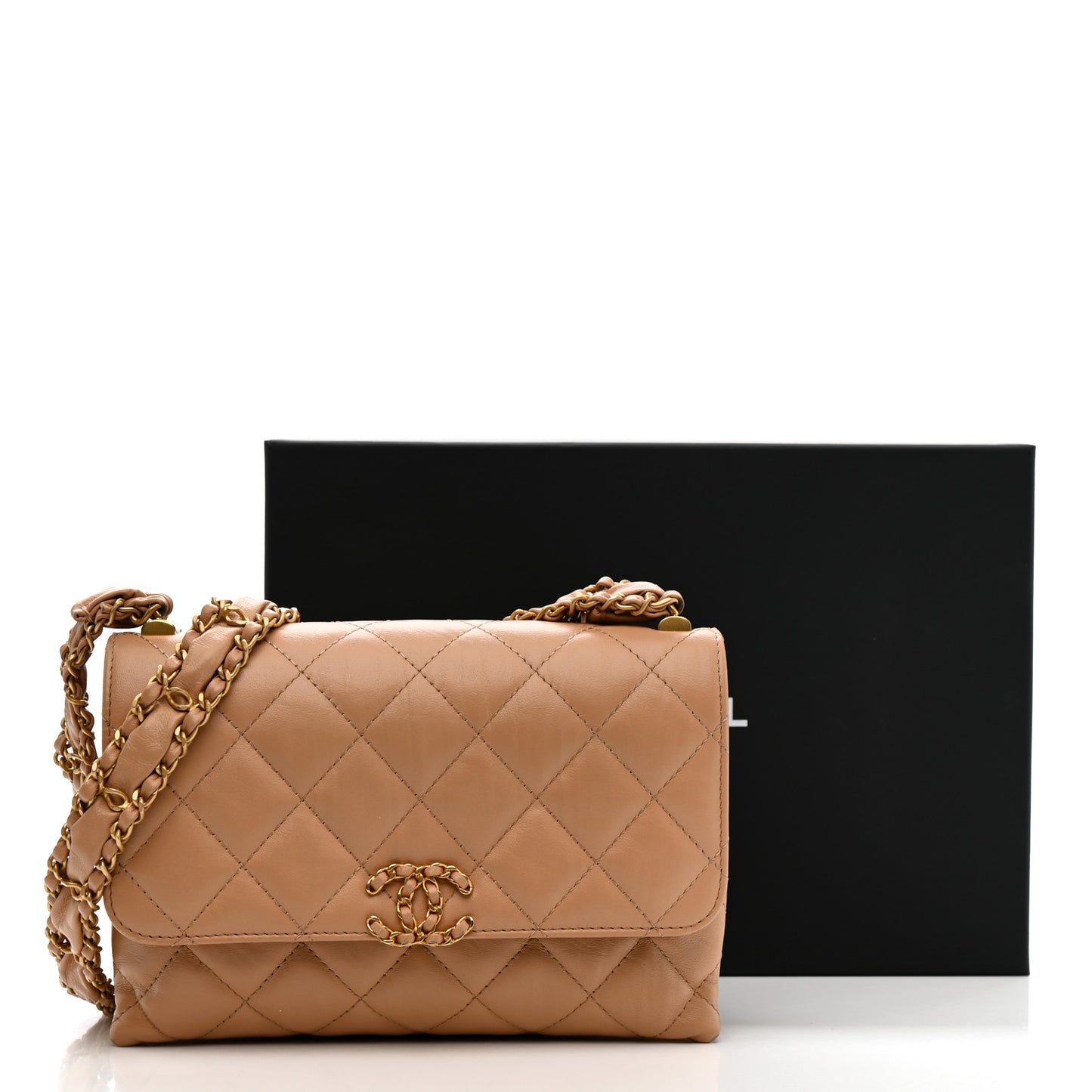 Crumpled Calfskin Quilted Braided CC Flap Beige