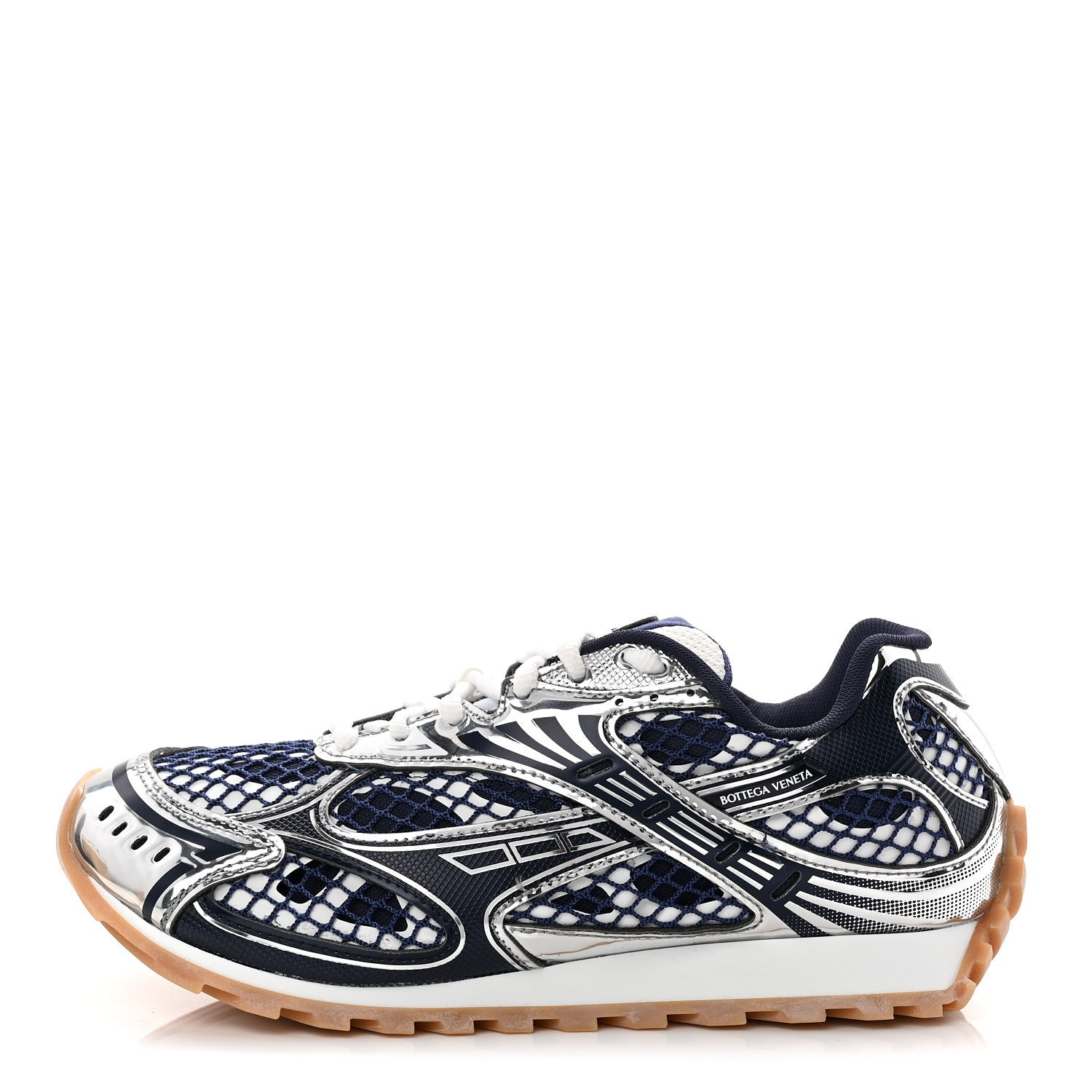 Bottega Veneta Calfskin Fishnet Fabric Orbit Sneakers 39 Navy Silver 1 of 9