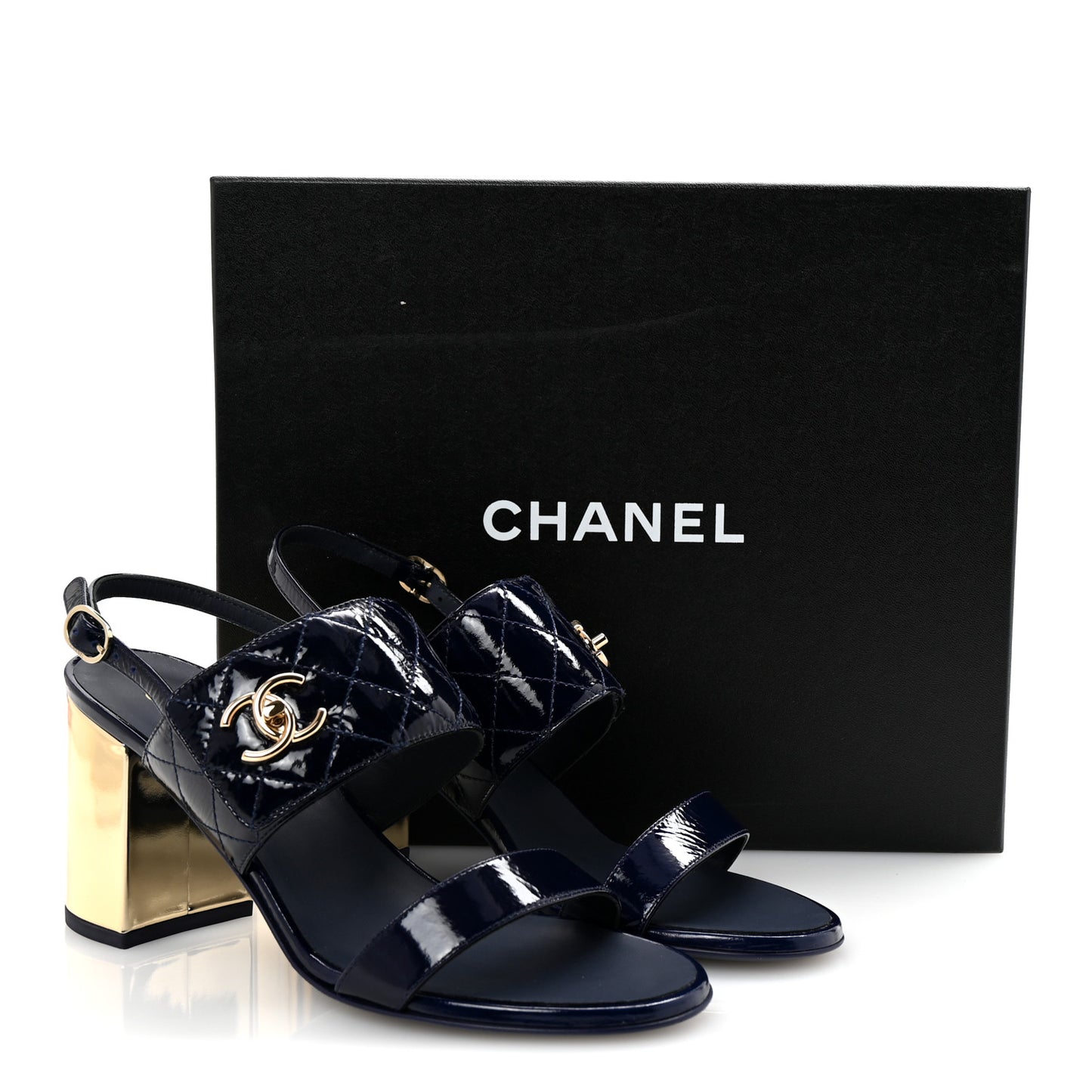 Patent Quilted CC Turnlock Sandals 38.5 Dark Blue
