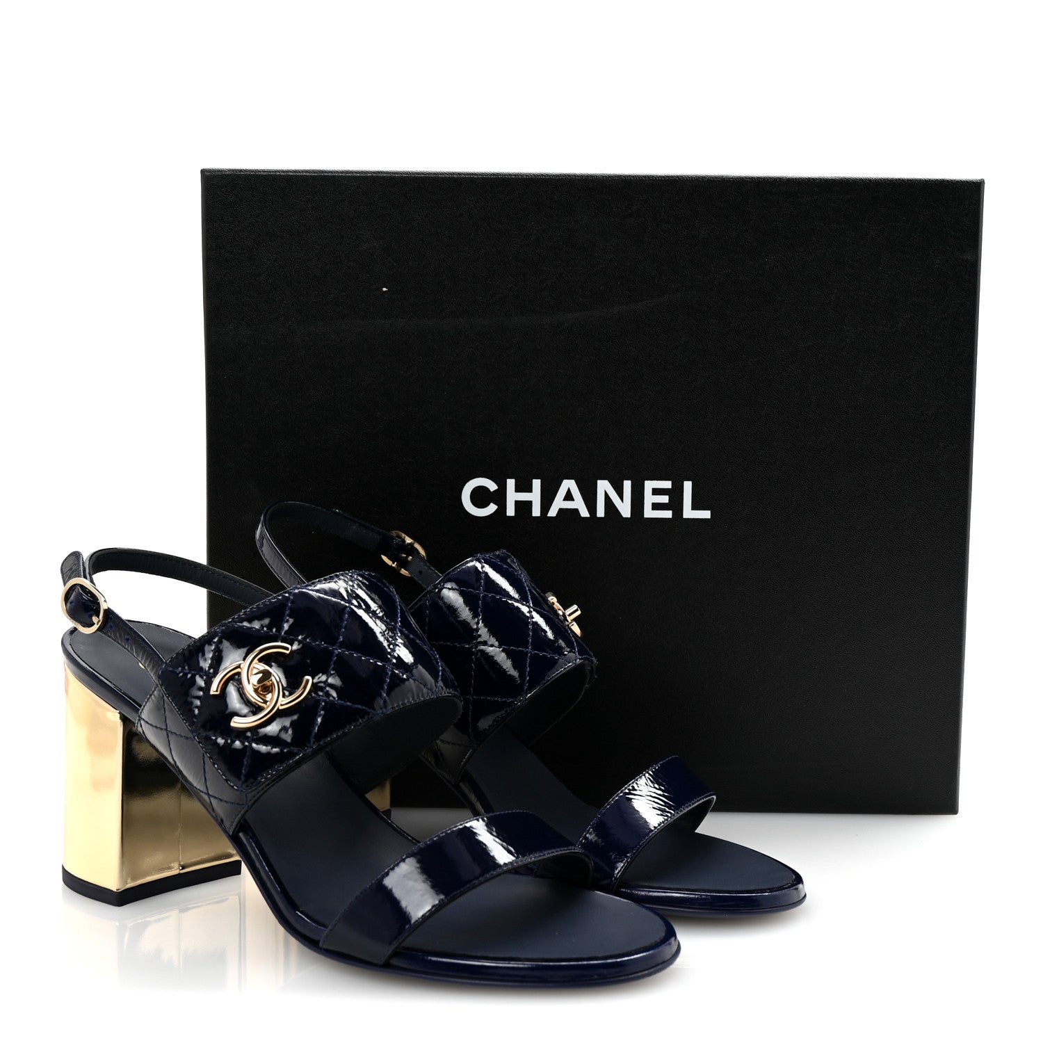 Chanel Patent Quilted CC Turnlock Sandals 38.5 Dark Blue 10 of 10