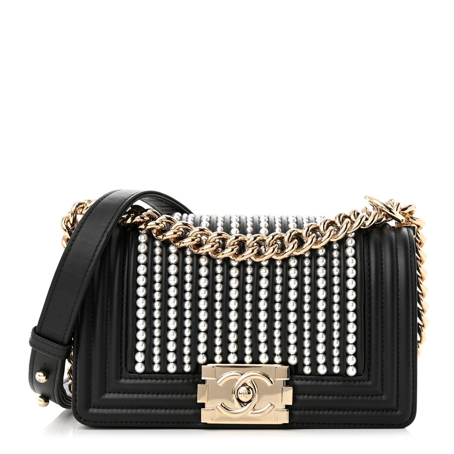 Calfskin Pearl Smal Chanel Pearls Boy Flap Black