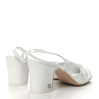 Chanel Patent Calfskin Cap Toe CC Slingback Pumps 38 White 4 of 8