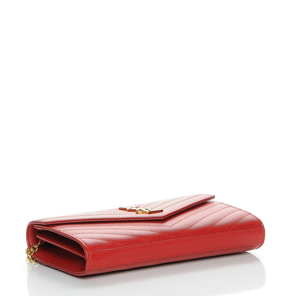 Saint Laurent Grain De Poudre Matelasse Chevron Monogram Chain Wallet New Red 4 of 8